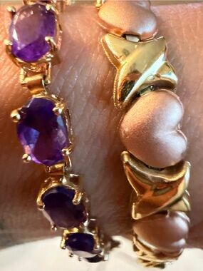 Signed T&C 10K Gold Heart Tennis Bracelet Two Tone Yellow Rose Gold 6.75”